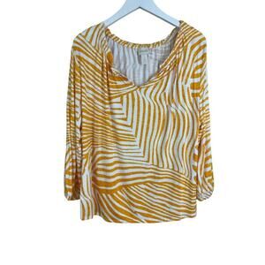 Chico's Top Women 2 Yellow White Abstract Stripe V-Neck 3/4 Sleeve Stretch